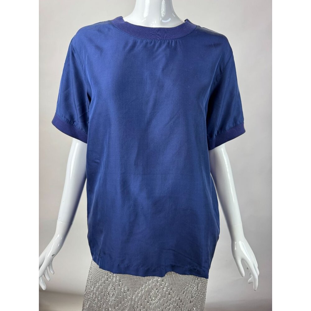 Adrienne Vittadini Petites Blue Short Sleeve Silk Blouse S